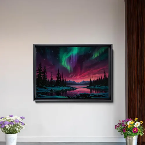 Vista 2 de Aurora Borealis, Northern Lights Art, framed canvas print, snow capped mountain landscape art, synthwave vaporwave, Art Decor, Wall
