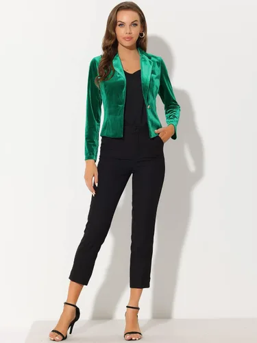Vista 3 de Allegra K Chaqueta corta de terciopelo con 1 botón para mujer, con solapa, para negocios, oficina, Navidad
