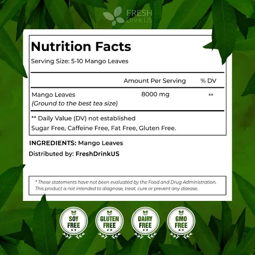 Vista 2 de FreshDrinkUS, Más de 140 hojas enteras de mango secas, 100% natural y puro de té de hojas de mango secas, sin aditivos, sin cafeína, vegano