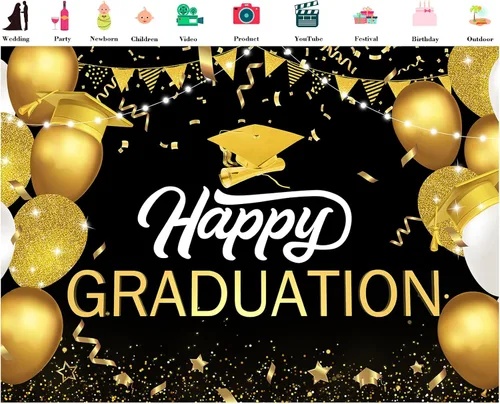 Vista 2 de Telón de fondo de graduación de 5 x 3 pies para sesión de fotos, globos negros y dorados de la clase de 2024, felicitaciones, fiesta de graduación
