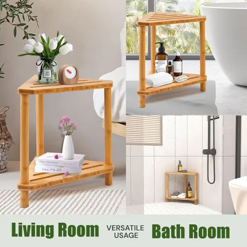 Vista 7 de Taburete de ducha de bambú de esquina, taburete de ducha impermeable de 2 niveles para dentro de la ducha, para afeitar las piernas, espacios