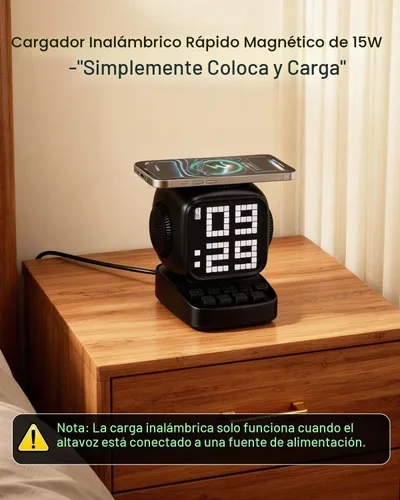 Vista 6 de Altavoz Bluetooth 5 en 1 de robot retro: cargador inalámbrico de 15 W, pantalla LED de píxeles, sonido estéreo de 10 W y 15 ruido blanco, reloj Negro