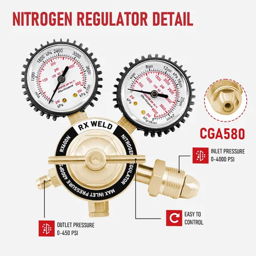 Vista 7 de RX WELD Nitrogen Regulator, 0-600 PSI, CGA580 Inlet, 1/4" Flare Outlet