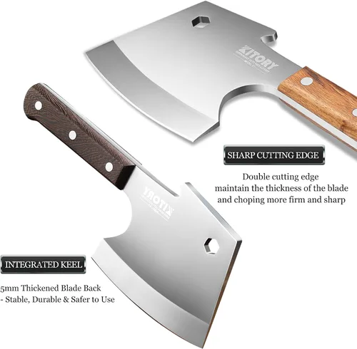Vista 5 de Kitory Cuchilla de carne, cuchillo de corte de huesos resistente, hoja súper gruesa en forma de hachas de espiga completa, rompe huesos, cuchillo
