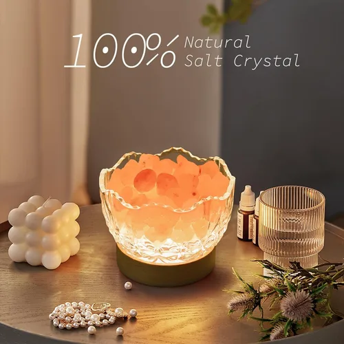 Vista 3 de Lámpara de sal del Himalaya, rosa, base de madera, 10 niveles de ajuste de intensidad de luz, enchufe USB, 1 año de garantía