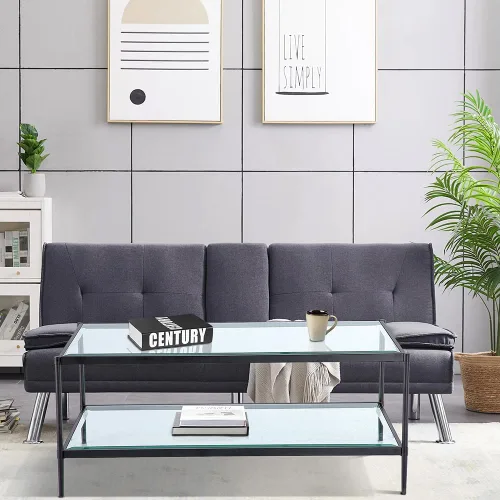 Vista 3 de Mesa de centro rectangular de cristal, mesa central de 2 niveles, mesa de café moderna para sala de estar, 43.3 x 23.62 pulgadas, color negro