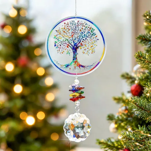 Vista 5 de Adorno colgante de chakra prisma de cristal con diseño de árbol de la vida K9 Crystal Glass Tree of Life Suncatcher Window Car Home Decor Rainbow