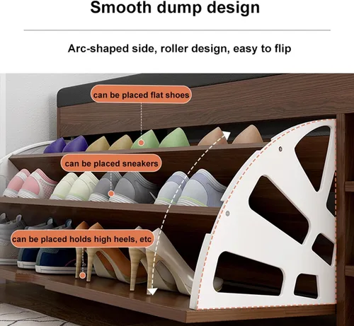Vista 3 de IPSU Zapatero de entrada con asiento, banco de zapatos de 3 niveles con cajón abatible para niños y adultos, moderno zapatero independiente