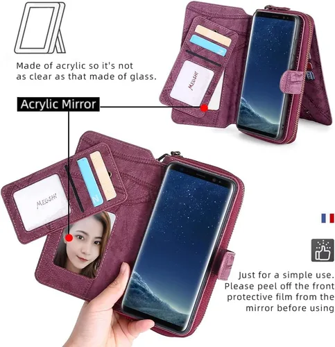 Vista 4 de Asuwish Funda de teléfono para Samsung Galaxy S8 Plus con cremallera, funda desmontable con protector de pantalla y soporte para tarjeta de espejo