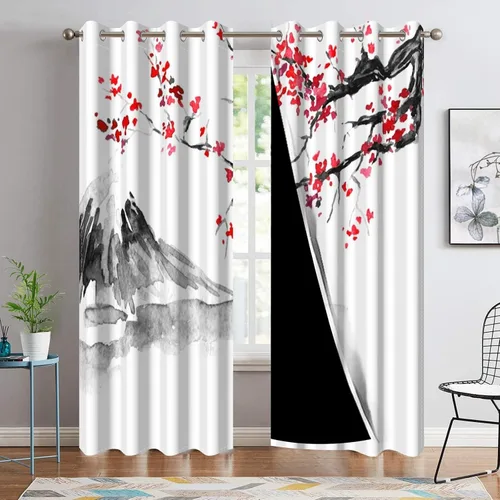 Vista 10 de Cortinas japonesas con pintura de tinta, monte Fuji, sol rojo, puesta de sol, hojas de bambú, cortinas de ventana para dormitorio, sala de estar