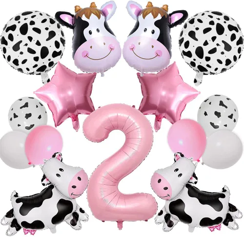 Vista 5 de Globos de vaca, decoraciones de cumpleaños con texto en inglés "Holy Cow Im One", globos con estampado de vaca para niña, fiesta de primer