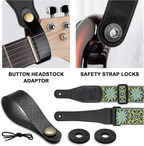 Vista 3 de Correa de guitarra, correas de algodón bordado jacquard con extremos de cuero genuino correa de hombro para bajo, acústico, guitarra eléctrica