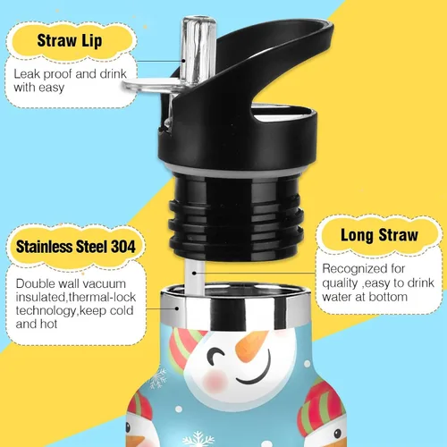 Vista 3 de Kids Water Bottle with Straw Leakproof Insulated Water Bottle 20oz, BPA-Free, Cute Snowman Blue
