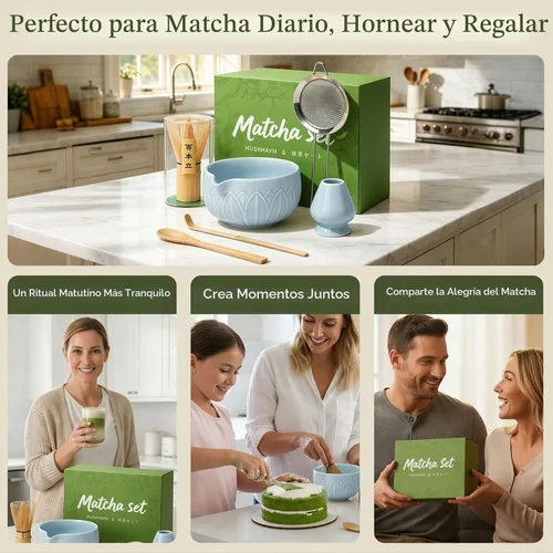 Vista 8 de Juego de batidor Matcha con cuenco de cerámica y cazador de bambú hoja azul
