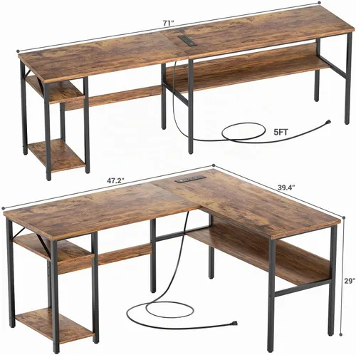 Vista 3 de Escritorio reversible en forma de L para computadora con tomas de corriente y puertos de carga USB, escritorios esquineros resistentes con estante
