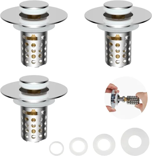 Vista 11 de Colador universal para desagüe de lavabo de baño atrapa cabellos, 2 piezas mejoradas con cesta de filtro de acero inoxidable extraíble, tapón