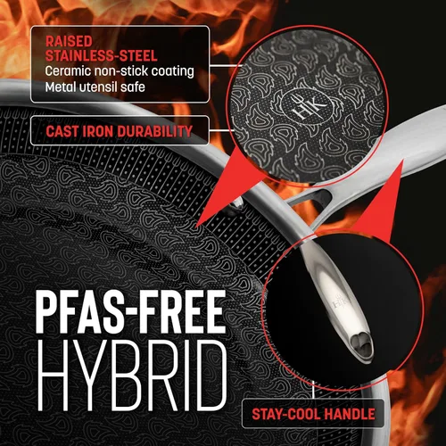Vista 3 de Hell's Kitchen Sartén Híbrida de 8", Acero Inoxidable Tri-Clad y Cerámica Antiadherente Libre de PFAS, sin PFOA, sin PTFE, sin Teflón, Batería