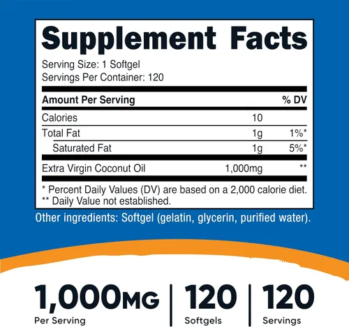Vista 2 de Nutricost Cápsulas blandas de aceite de coco (1000 mg), 120 cápsulas blandas, aceite de coco virgen extra, sin gluten y sin OMG