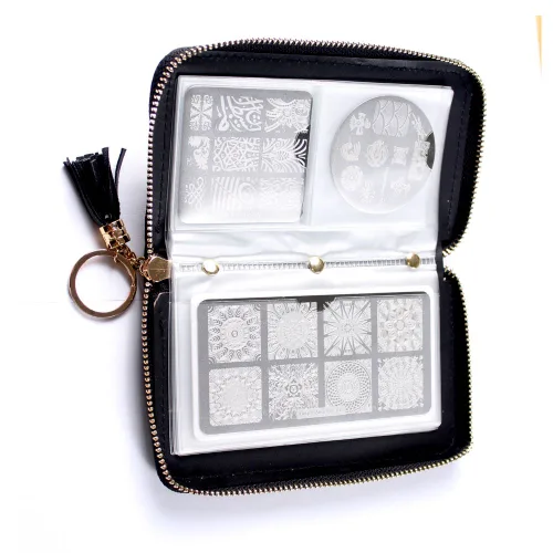 Vista 4 de Estuche para placa de estampado de uñas de 24 ranuras, redondo, cuadrado, rectangular, organizador de placa de sello de uñas, color rosa, negro