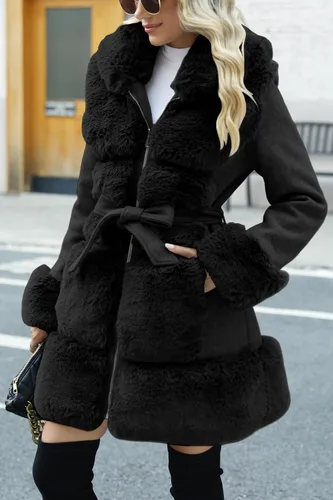 Vista 2 de Bellivera Abrigo de lana para mujer, chaqueta de piel sintética, abrigo cálido de invierno con cinturón