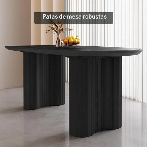 Vista 7 de Mesa de comedor negra de 63 pulgadas, una mesa rectangular de extremo redondeado con patas de diseño ondulado para cocina, comedor, oficina en casa