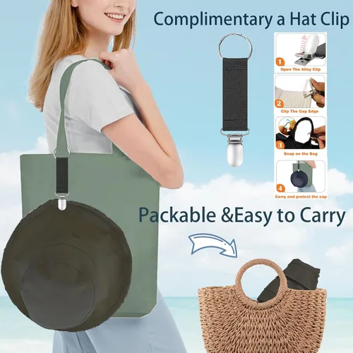Vista 3 de vidsel Sombreros de sol para mujer, de ala ancha, reversible, de algodón, plegable, de verano, con clip para sombrero, protección UV negro beige