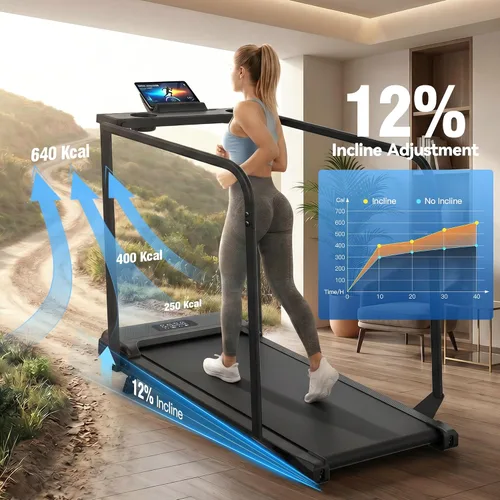 Vista 4 de ANCHEER Caminadora portátil con inclinación, almohadilla para caminar de 3.5 HP con escritorio y barra de asa, caminadora plegable para oficina