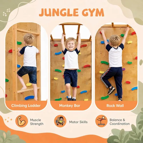 Vista 11 de KOMFOTT Twin Bunk Bed with Jungle Gym, Kids Loft Bed with Rock Wall,Natural