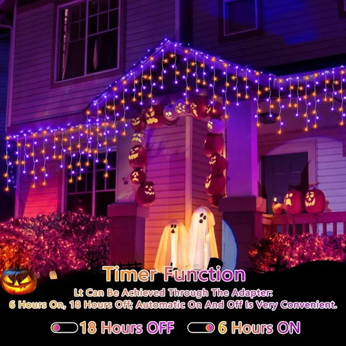 Vista 5 de Luces de Halloween para exteriores de 52 pies, 480 luces LED de Halloween moradas y naranjas, 12 modos de iluminación con temporizador de memoria