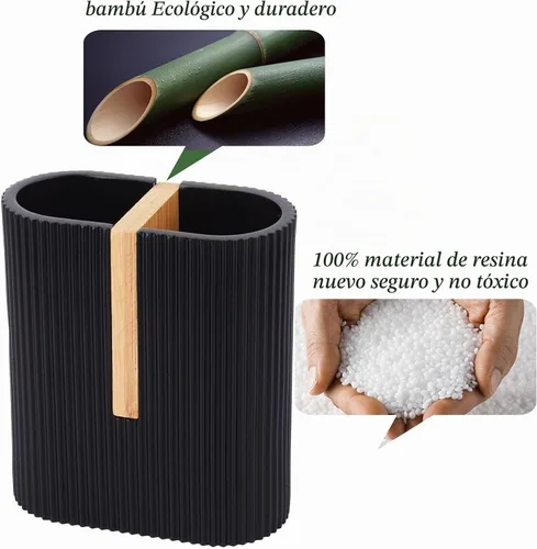 Vista 4 de Portacepillos de dientes para baño, soporte eléctrico de bambú para cepillos de dientes, color negro