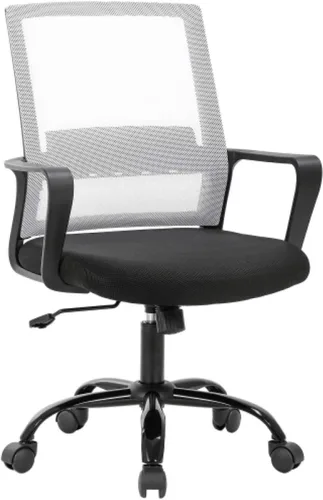 Vista 9 de Silla de oficina ergonómica, silla de computadora de malla con soporte lumbar y reposabrazos, silla de trabajo ajustable con respaldo medio, moderna