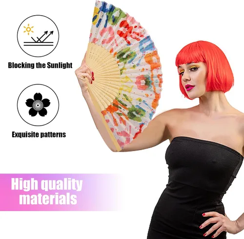 Vista 4 de Ventilador de mano plegable para mujer, plegable, chino, japonés, vintage, de mano de seda de bambú, ventilador plegable para sofocos, iglesia, EDM