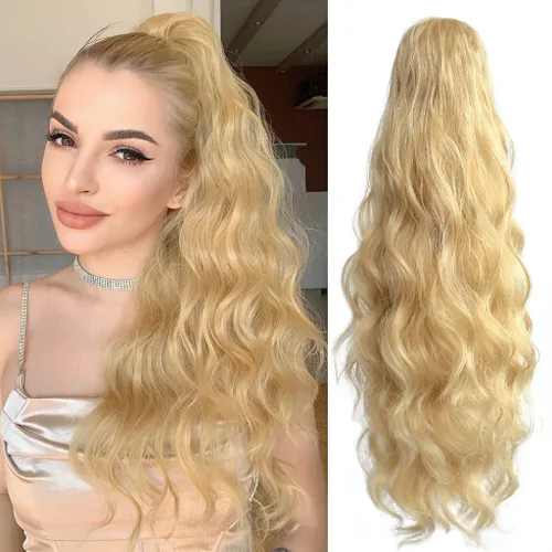 Vista 19 de Extensión de cola de caballo de garra negra natural ondulada de 16 pulgadas, extensiones de cabello sintético rizado con clip, extensiones