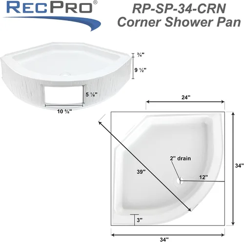 Vista 4 de RecPro Plato de ducha esquinero para RV de 34" x 34" Plástico ABS Base texturizada antideslizante Borde de 9.5" Sin accesorios de drenaje