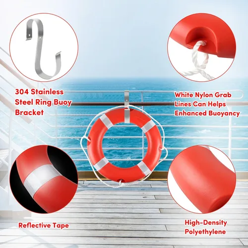 Vista 2 de Anillo salvavidas para la seguridad de la navegación, anillos de seguridad para barcos de 23 y 28 pulgadas con tira reflectante y líneas de agarre