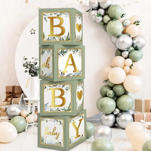 Vista 10 de RUBFAC Cajas de bebé con letras para baby shower, 4 piezas estilo rústico de granja bohemia con asa de arpillera y grano para decoración