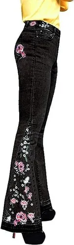 Vista 2 de Jeans acampanados con bordado floral para mujer, jeans elásticos acampanados, talla grande, pantalones de mezclilla de pierna ancha Y2k