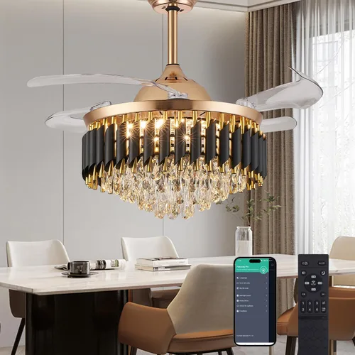 Vista 10 de Ventilador de techo regulable de cristal de 36 pulgadas con luces y control remoto, moderno ventilador de techo retráctil con luces para dormitorio