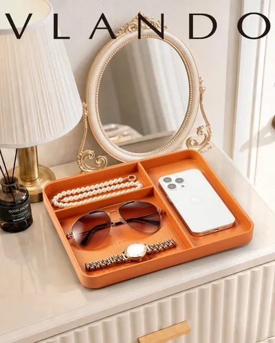 Vista 2 de VLANDO Valet Tray for Men, PU Leather Catchall Tray with Dividers Orange