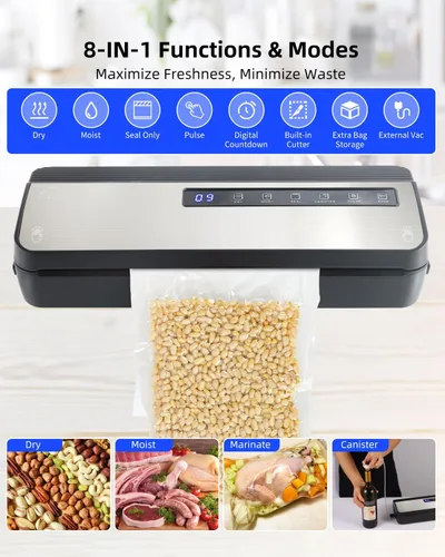 Vista 3 de Máquina selladora al vacío para alimentos, 80KPA Potente sellador automático de alimentos 8 en 1 con modos seco y húmedo, almacenamiento de bolsas