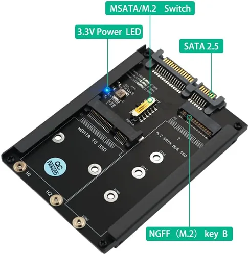 Vista 2 de HLT MSATA y B Key/B&M Key SSD 2 en 1 a SATA III de 2.5" con soporte de marco - Conserva mSATA SSD como unidad SATA de 0.276 in 2.5
