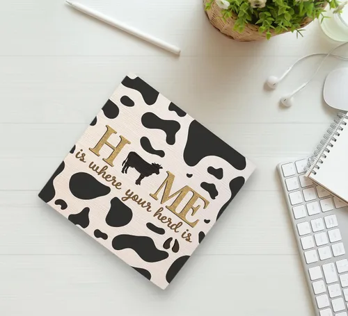 Vista 2 de Cartel de madera con estampado de vaca, decoración de caja de madera con texto en inglés "Farm Inspiration" con texto en inglés "Farm Inspiration