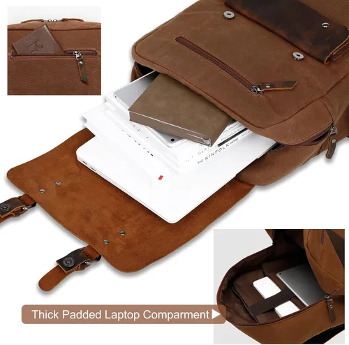 Vista 4 de Modoker Mochila de lona encerada, mochila de cuero para hombres y mujeres, mochila vintage de viaje para laptop de 15.6 pulgadas, mochila retro