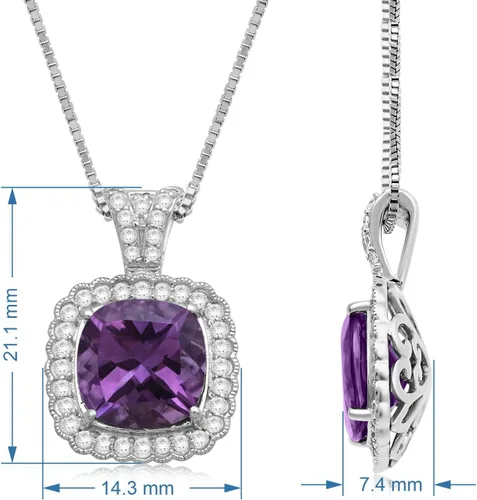 Vista 5 de Jewelili Sterling Silver 10x10MM Cushion Swiss Blue Topaz, Amethyst and Round White Topaz with 1.5MM Round Emerald on Back Halo Pendant Necklace, 18