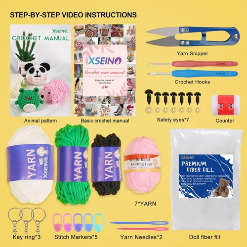 Vista 2 de XSEINO Kit de ganchillo para principiantes - Kit de inicio de ganchillo con tutoriales en video paso a paso - Kits de aprendizaje de ganchillo