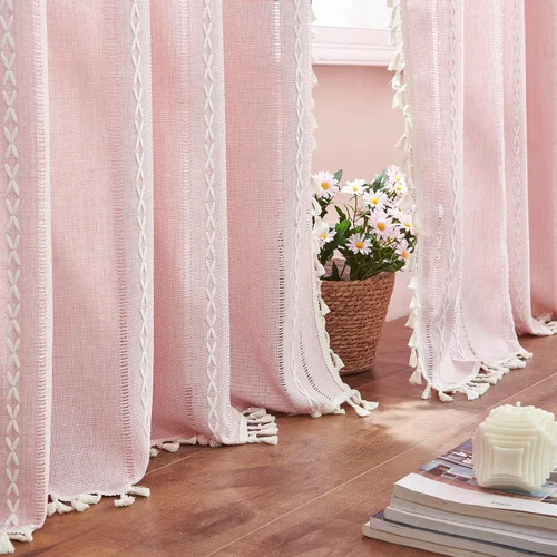 Vista 17 de 2 paneles de cortinas de lino semiopacas para ventana, bohemias y rústicas, con rayas bordadas y bolsillo para cortinero, para sala de estar