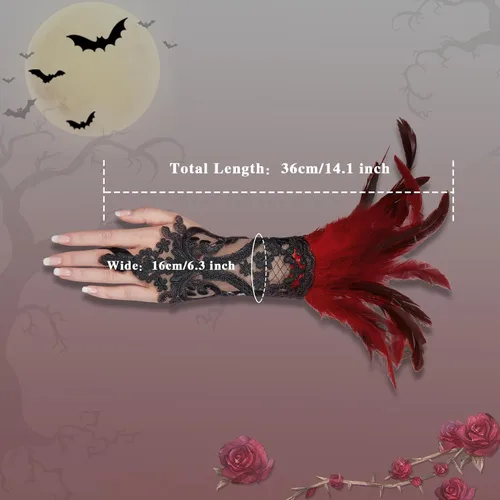 Vista 6 de Komorebi Guantes largos de encaje con plumas de Halloween para mujer, guantes de encaje para disfraz de bruja, guantes de codo de malla