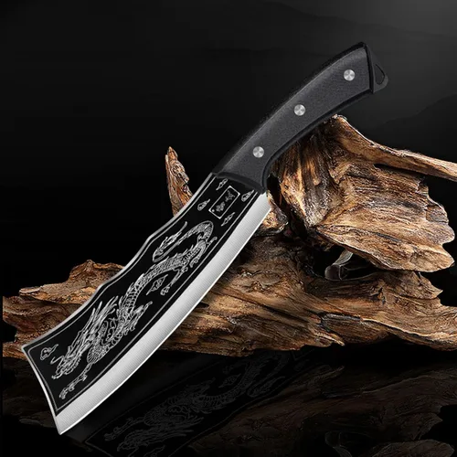 Vista 8 de Cuchillo de asesinato de dragón, Chopper tallado en forma de dragón, cuchillo de cocina Afilado, cuchillo de dragón negro, versión japonesa de acero