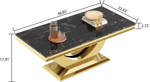 Vista 2 de Mesa de centro de 47 pulgadas de mármol negro con base en forma de U de acero inoxidable espejado, mesa central de parte superior rectangular
