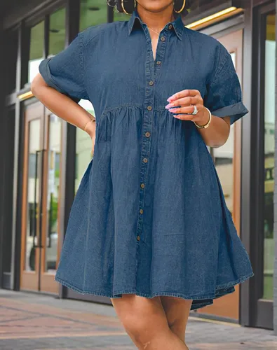 Vista 5 de Vestido de mezclilla para mujer, vestido de verano con botones y volantes